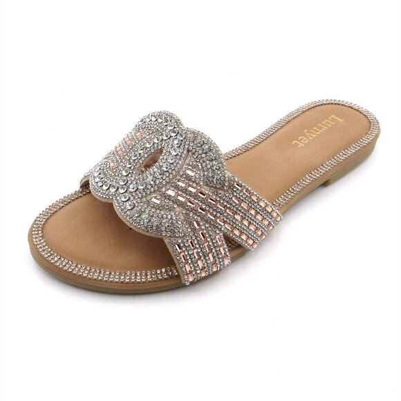 Lurnyet Women's Comfort Cushion Crystal Rhinestone Slide Flat Slip-On Sandals - Picture 1 of 6